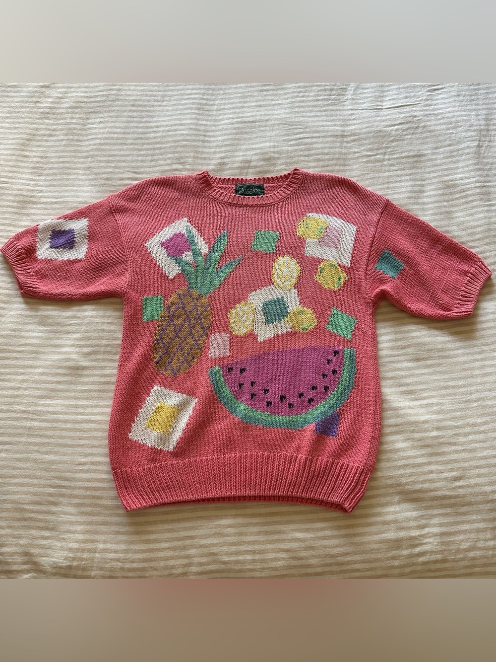 vintage coral cotton/ramie fruity short sleeves sweater / sz med